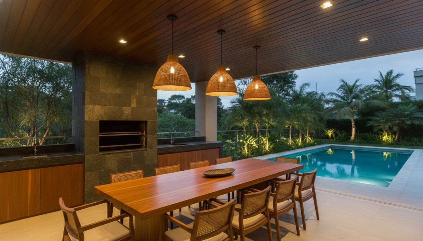 Imagem ilustrativa: área gourmet coberta com churrasqueira revestida de pedra, mesa de madeira sob pendentes de palha, forro ripado com spots e piscina iluminada ao fundo.