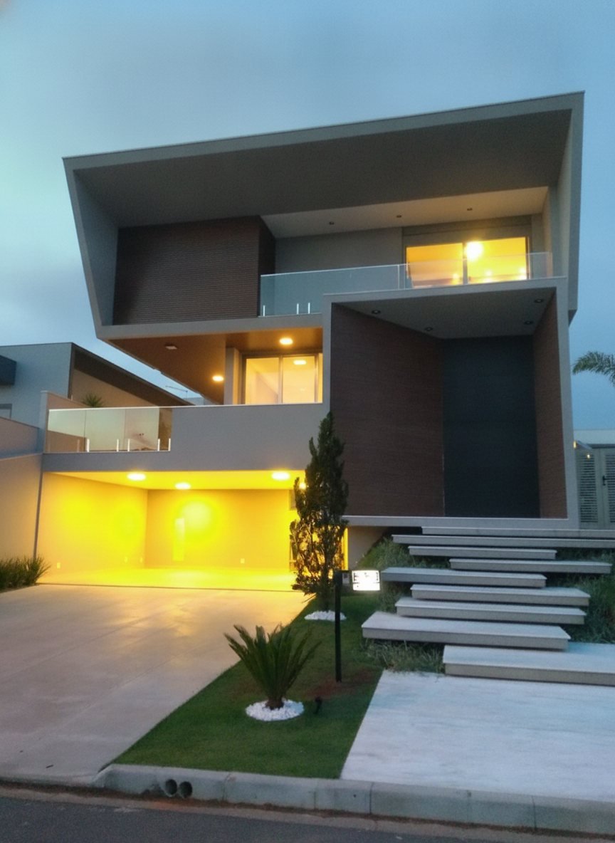 Casa de alto padrão entregue ao anoitecer, com fachada, garagem e escada iluminadas — obra completa da J&C Elétrica em parceria com a A&F Construções.